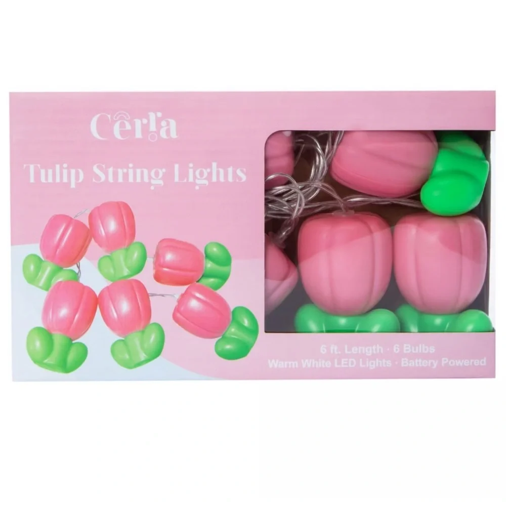 Pink Spring Tulip Flower Shaped String Lights 6ft Battery Operated Indoor Use